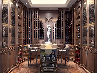 Luxurious Wine Cellar with Wooden Wine Racks Center Table Chairs and Statue Decor 3d model
