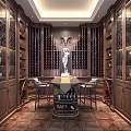 Luxurious Wine Cellar with Wooden Wine Racks Center Table Chairs and Statue Decor