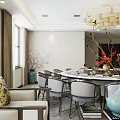 Elegant Private Dining Room Interior With Round Table Chandelier And Decorative Painting