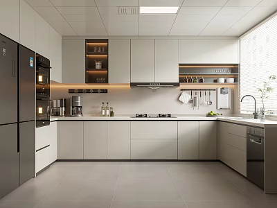 Modern Kitchen Interior With White Cabinets Gray Countertops And Stainless Steel Appliances 3d model