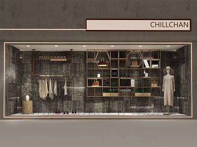 CHILLCHAN Shop Window Display with Hanging Clothes Bags Shoes Mannequin Green Plants and Gray Wall 3d model