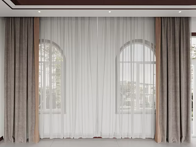 Curtains For Arched Windows White Sheer And Dark Brown Thick Interior Design 3d model