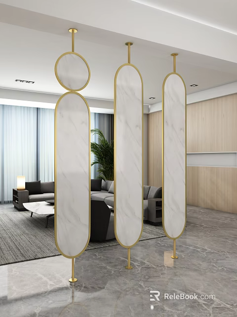 Arched Marble Room Divider With Gold Frame In Modern Living Room With Green Plant 3d model 