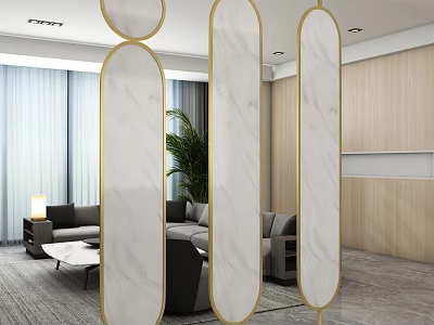 Arched Marble Room Divider With Gold Frame In Modern Living Room With Green Plant 3d model