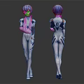 Blue Haired Anime Character Figure Front Back View With White Bodysuit And Black Red Details