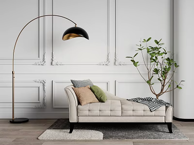 Beige Upholstered Chaise Lounge In Elegant Room With Gold Floor Lamp White Wainscoting And Green Plant 3d model