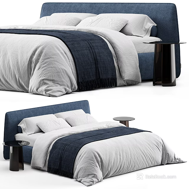 Modern Double Bed With Blue Headboard White Navy Bedding And Nightstand Setup 3d model