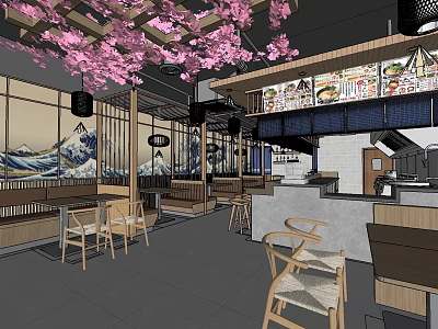 Japanese Style Restaurant Interior With Cherry Blossoms Mount Fuji Mural And Wooden Tables 3d model