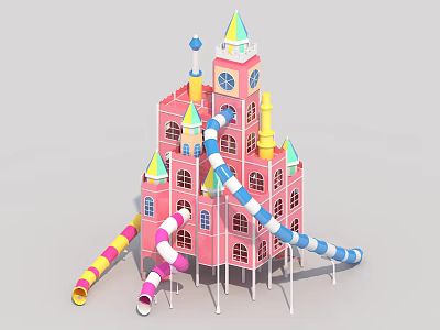 Castle Shaped Pink Playground Equipment with Multiple Colorful Slides Spires and Clock Tower 3d model