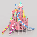 Castle Shaped Pink Playground Equipment with Multiple Colorful Slides Spires and Clock Tower