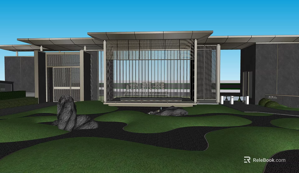 Modern Garden Landscape Design With Grille Structure Lawn Stones And Pathways 3d model 