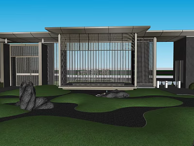 Modern Garden Landscape Design With Grille Structure Lawn Stones And Pathways 3d model