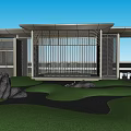 Modern Garden Landscape Design With Grille Structure Lawn Stones And Pathways