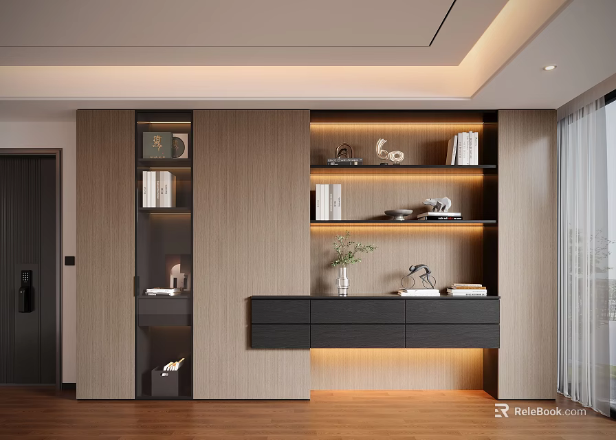Modern Wooden Decorative Cabinet With Built in Lighting And Shelves For Books And Decorative Items 3d model 