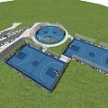 Outdoor Basketball Courts With Two Full Courts Circular Half Court Fencing And Green Grass Surroundings 3d model