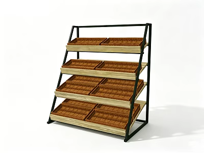 Commercial Four Tier Display Shelf With Wooden Trays Metal Frame For Product 3d model