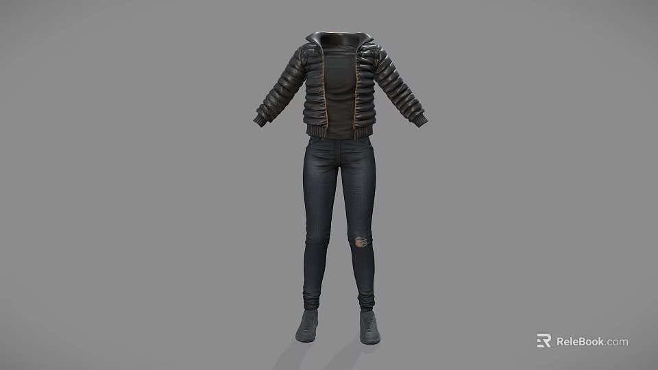 Black Leather Zipper Jacket With Ripped Slim Fit Jeans Casual Fashion Outfit 3d model 