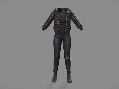 Black Leather Zipper Jacket With Ripped Slim Fit Jeans Casual Fashion Outfit 3d model