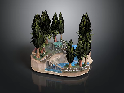 Miniature Garden Scene Featuring Tall Trees Small Pavilion Stream Stones And Plants 3d model