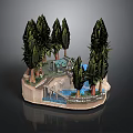 Miniature Garden Scene Featuring Tall Trees Small Pavilion Stream Stones And Plants