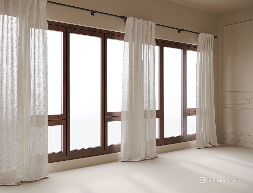 White Linen Curtains Hanging On Dark Wooden Windows In Modern Minimalist Room With Decorative Lines 3d model 