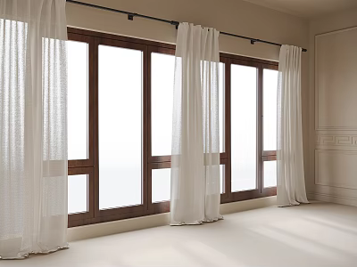 White Linen Curtains Hanging On Dark Wooden Windows In Modern Minimalist Room With Decorative Lines 3d model