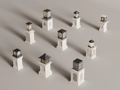 Outdoor Lights With White Base Black Top And Various Carved Designs 3d model