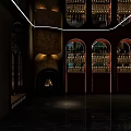 Elegant Modern Bar Interior With Green Lighting Curved Design Round Tables And Sofa Chairs