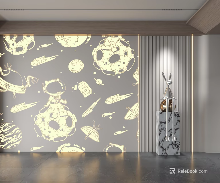 Space Themed Bedroom Accent Wall With Cosmic Patterns 3d model