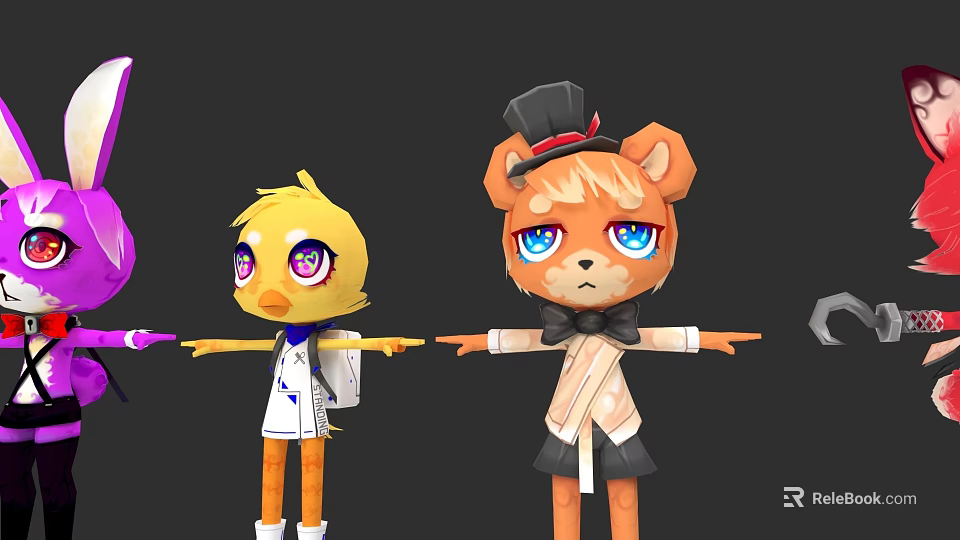 Cartoon Characters Yellow Duck And Bear Wearing Hats And Stylish Outfits 3d model 