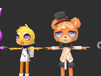 Cartoon Characters Yellow Duck And Bear Wearing Hats And Stylish Outfits 3d model