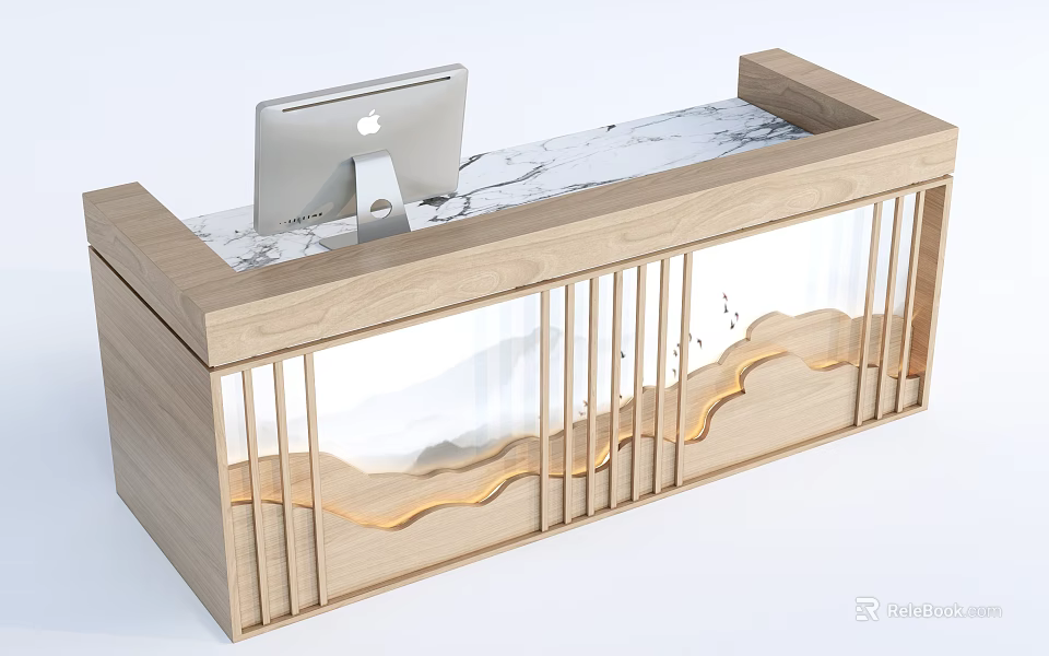 Modern Wooden Reception Desk With Marble Countertop Built-in iPad And Decorative Landscape Screen Design 3d model 
