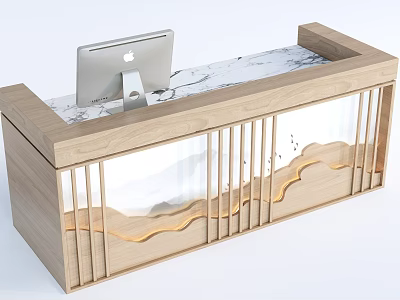 Modern Wooden Reception Desk With Marble Countertop Built-in iPad And Decorative Landscape Screen Design 3d model