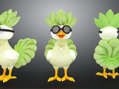 Flying Animal Like Duck With Green Leaf Body Black Sunglasses Golden Necklace And Yellow Feet 3d model
