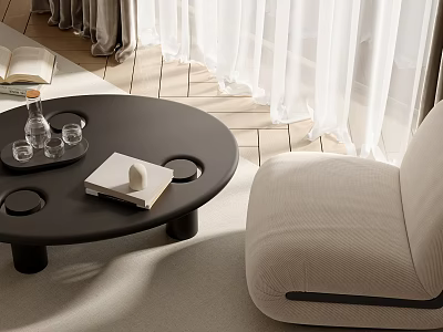 Black Round Coffee Table With Tray Water Bottle Glasses Book And Beige Sofa 3d model
