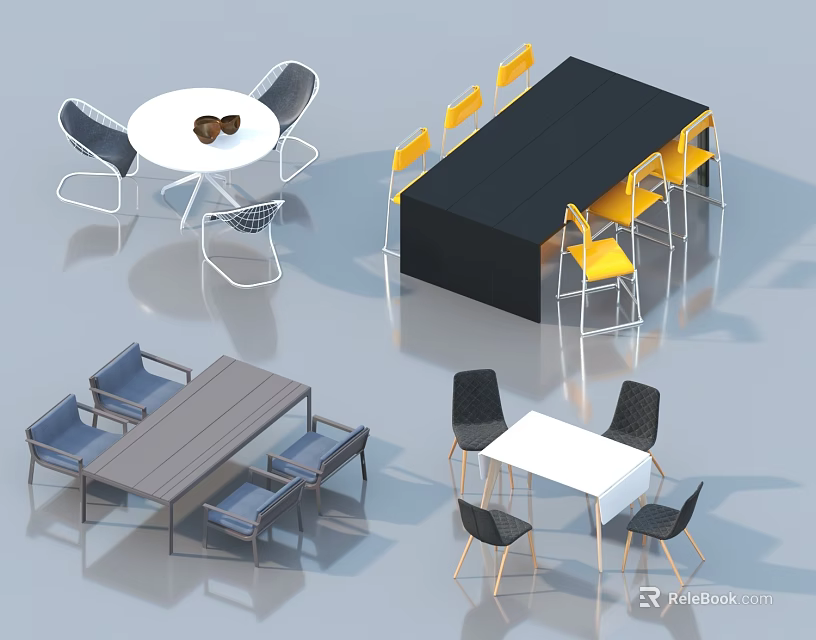 Modern Table and Chair Sets with White Round Table Black Desk Yellow Gray Chairs 3d model 