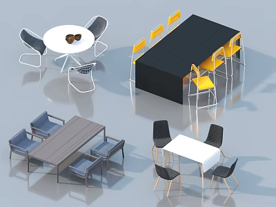 Modern Table and Chair Sets with White Round Table Black Desk Yellow Gray Chairs 3d model