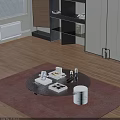 Modern Sofa and Coffee Table Set with Round Table on Red Rug Wooden Floor