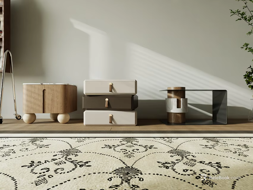 Wooden And White Drawer Bedside Tables With Metallic Accents Potted Plant And Ornate Rug 3d model 