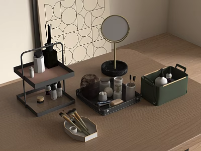 Elegant Perfume Cosmetic Display On Wooden Tabletop With Multi tiered Shelf Round Mirror Trays Brushes 3d model