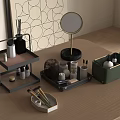 Elegant Perfume Cosmetic Display On Wooden Tabletop With Multi tiered Shelf Round Mirror Trays Brushes