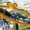 Intricate Golden Spiral Sculpture With Green Plants And Dark Round Fruits