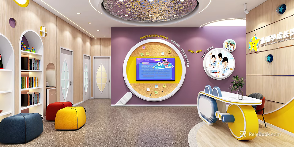 Vibrant Kindergarten Indoor Space With Circular Wall Decor Interactive Screen And Colorful Seats 3d model 