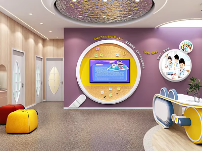 Vibrant Kindergarten Indoor Space With Circular Wall Decor Interactive Screen And Colorful Seats 3d model