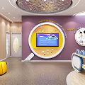 Vibrant Kindergarten Indoor Space With Circular Wall Decor Interactive Screen And Colorful Seats
