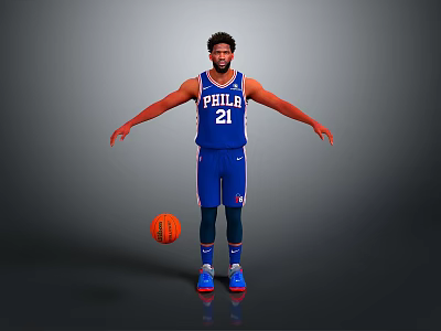 Basketball Player in Blue Philadelphia Jersey Number 21 Standing with Arms Outstretched and Basketball 3d model