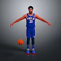 Basketball Player in Blue Philadelphia Jersey Number 21 Standing with Arms Outstretched and Basketball