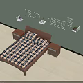 Double Bed With Plaid Mattress Wooden Headboard And Nightstands Light Green Wall Wall Mounted Shelves