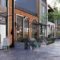 Modern Commercial Street Featuring Lush Trees Storefronts Pedestrian Walkway And Greenery