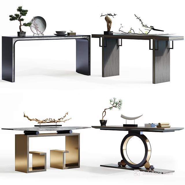 Modern Chinese Style Console Table With Wooden Metal Frame Decorative Plants And Geometric Design 3d model 